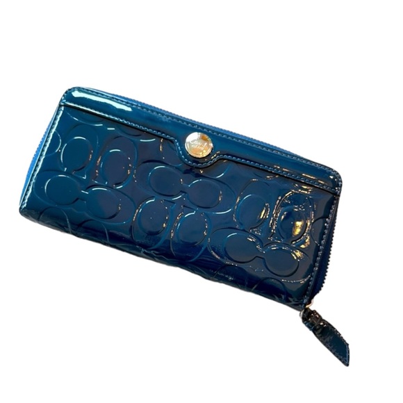 Coach Patent Embossed Monogram Logo Sapphire Blue Zip Around Wallet - Picture 1 of 10